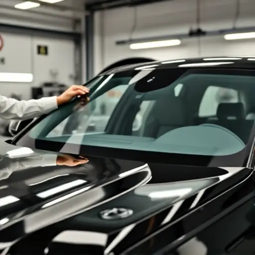 A professional close-up shot of a luxury BMW X7 G07 in a modern auto service center. A technician in clean overalls is carefully installing a new high-quality panoramic windshield. The focus is on the precision of the glass fitting, with soft studio lighting reflecting off the polished black car body and the crystal clear glass. High-tech tools and a clean workshop environment in the background, cinematic composition, 8k resolution, photorealistic.