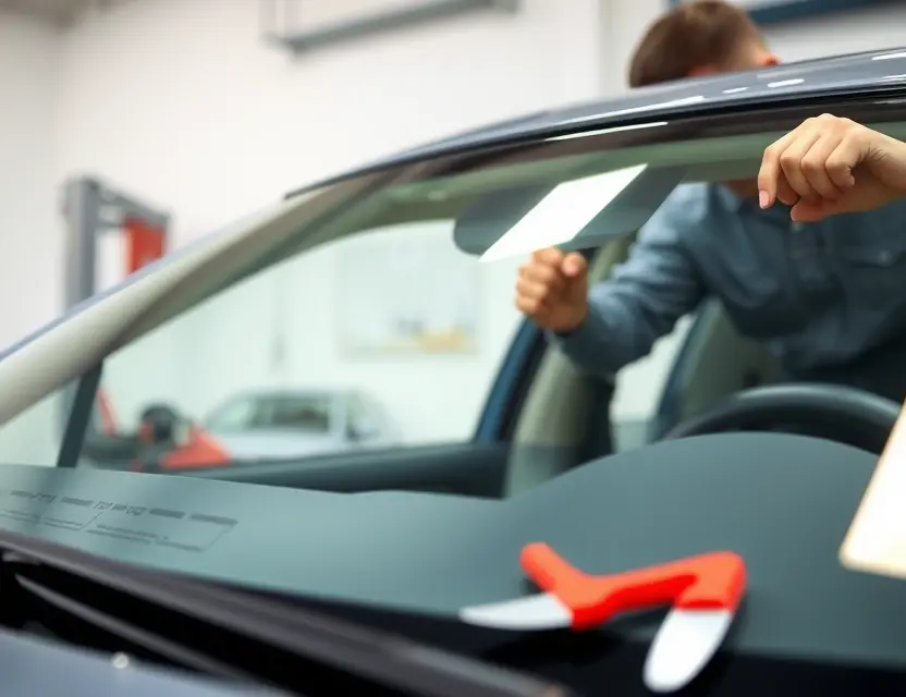 A close-up shot of a mechanic working on a car windshield. The car is an Avanti (2000-2007 model) with a partially removed windshield. Tools like a suction cup and a scraper are visible. The background is a clean, well-lit garage. Focus on the mechanics of the windshield replacement process.