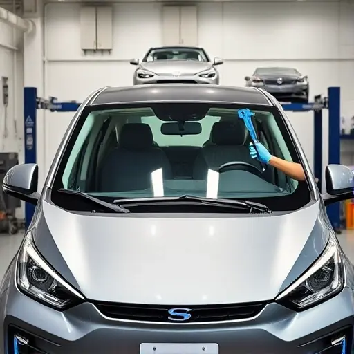 A mechanic in a garage replacing the windshield of a Beijing EU5 PLUS electric car. The scene shows the front of the car with a new clear windshield installed, the mechanic wearing gloves and holding a windshield removal tool, a small car lift in the background, and a clean, well-lit workshop setting. No text, letters, or digits should appear in the image.