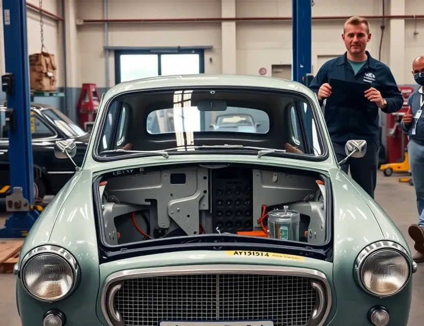A vintage Austin A50 car parked in a professional auto repair shop with its front windshield removed, showing the empty frame and rubber seal, with a mechanic standing nearby holding a new glass panel, clean workshop environment, realistic lighting, high detail, automotive restoration context