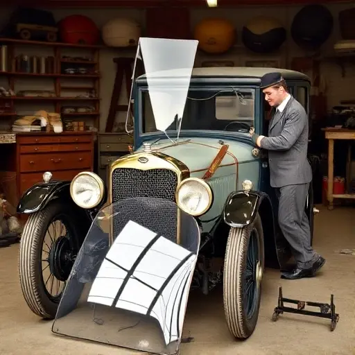A vintage Austin Seven car from the 1920s with its windshield removed, a mechanic in period clothing holding a new windshield, tools on a workbench, the old windshield on the ground, background of a garage with classic automotive parts