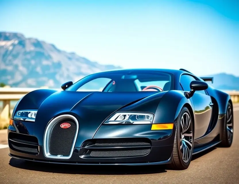 A Bugatti Veyron Super with a replaced windshield, showcasing the new glass. The car is parked on a scenic road, with a clear blue sky and mountains in the background. Focus on the detail of the replacement windshield.
