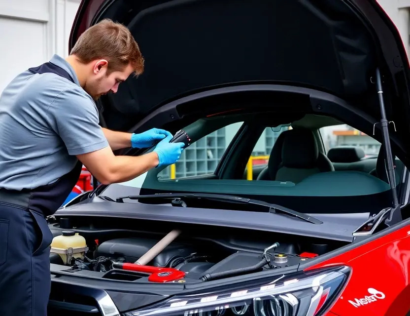 A professional mechanic replacing the windshield of a Maextro S800 car. The scene should include the car with its hood open, the mechanic wearing safety gloves and using specialized tools to carefully remove the old windshield and install the new one. The setting should be a well-lit garage or workshop with appropriate equipment and safety measures in place.