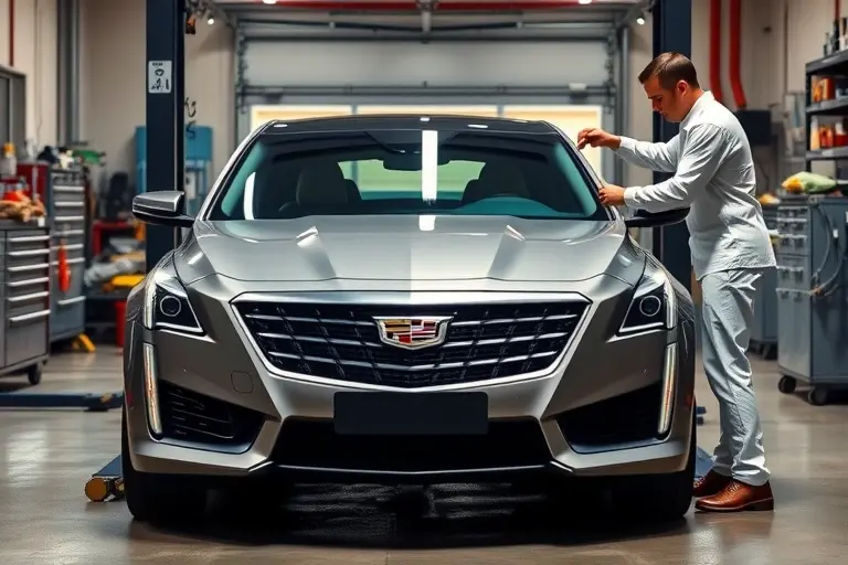 A professional auto repair garage scene showing a sleek Cadillac CT5 3.0 V6 Twin Turbo with its front windshield being carefully removed and a new windshield being installed. The car is positioned centrally, with a skilled mechanic in a clean uniform using specialized tools, such as suction cups and a windshield removal tool. The background includes organized garage equipment, a service lift, and subtle lighting that highlights the glass work. Emphasize the precision and quality of the windshield replacement process.