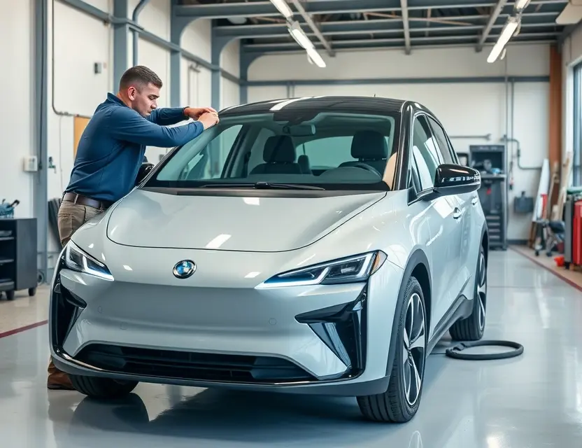 A modern electric car, Aiways U6, with a technician carefully replacing the front windshield, clean workshop background, professional tools visible, natural lighting, high detail