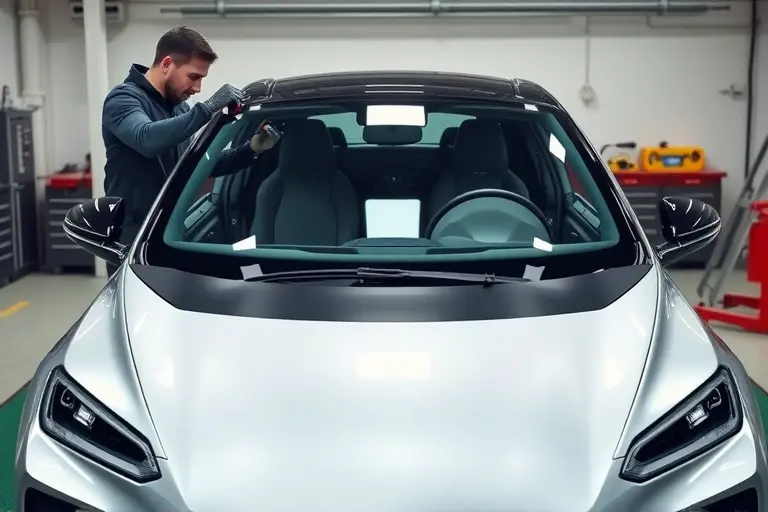 A detailed scene of a mechanic replacing the windshield on an iCar GT electric car. The car is positioned in a modern garage with a clear front view. The windshield is partially removed, showing the frame and the new glass being fitted. The mechanic, wearing a protective jacket and gloves, is using a specialized tool to secure the glass. The background includes a workbench with tools, a safety mat, and a subtle hint of the car's sleek body design. The lighting is bright and evenly distributed, highlighting the glass clarity and the car's metallic finish.