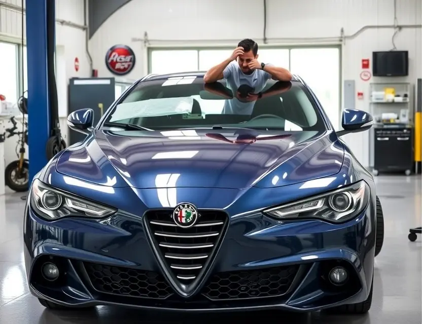 A modern Alfa Romeo Tonale with a damaged front windshield being replaced by a professional technician in a well-lit auto service center, clean and professional environment, no text or logos visible