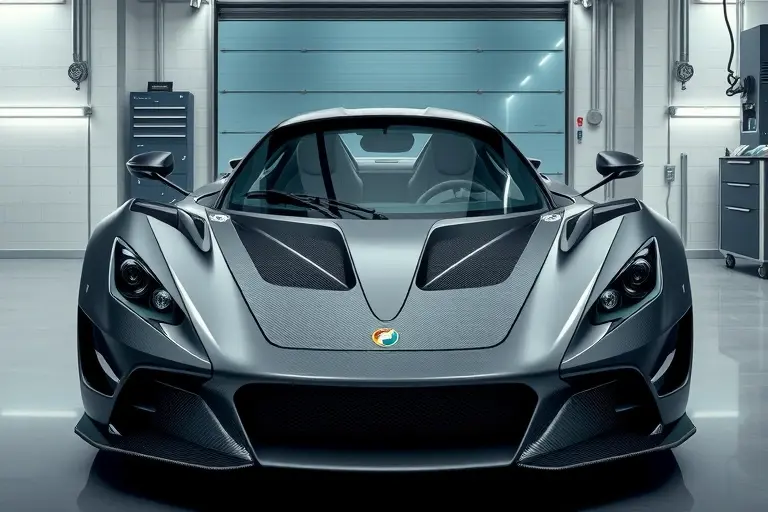 A high‑detail illustration of an Ascari A10 sports car in a clean garage, focusing on the front view with the windshield being carefully removed and a new glass panel being installed by a mechanic's hands and tools, emphasizing the sleek carbon‑fiber body, the distinctive V8 supercharged engine lines, and the precision of the replacement process, without any text or logos