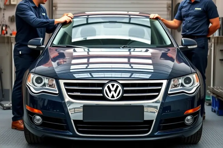 A realistic scene of a Volkswagen Passat B9 (2.0 TDI, 193 hp) in a workshop, with a professional mechanic carefully removing the old windshield and installing a new one. The car is centered, showing the front view with the windshield area highlighted, tools like suction cups, a protective blanket, and a clean garage background. Emphasize the details of the car's front grille, headlights, and the glass replacement process, without any text or logos.