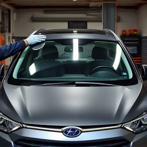 A mechanic in a garage, wearing gloves and a protective jacket, carefully removing the old windshield from a BAW Zhanqi 2.0 Turbo sedan and placing a new windshield in its place. The car’s front is visible with the windshield area exposed, and the mechanic’s hands and tools are shown. The setting is a workshop with a workbench or car lift, focusing on the windshield replacement process. No text, letters, or digits should appear in the image.