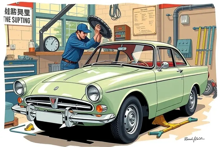 A detailed, realistic illustration of a mechanic carefully removing and replacing the windshield on a classic 1964 Sunbeam Tiger 4.3 V8 Ford 164 hp car, showing the car's distinctive body, the mechanic's tools, and the new glass being fitted, all in a workshop setting with proper lighting.