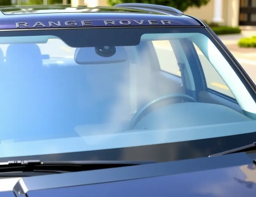 A Range Rover with a replaced windshield, showing the new glass installed. The car is parked outdoors on a sunny day. Focus on the replacement process and the new windshield's clarity.