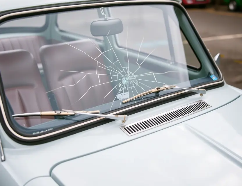 A close-up shot of an Austin A60 car with a cracked windshield, showing the area where the windshield needs replacement. The car is parked on a clean, slightly reflective surface. Focus on the damaged windshield area.