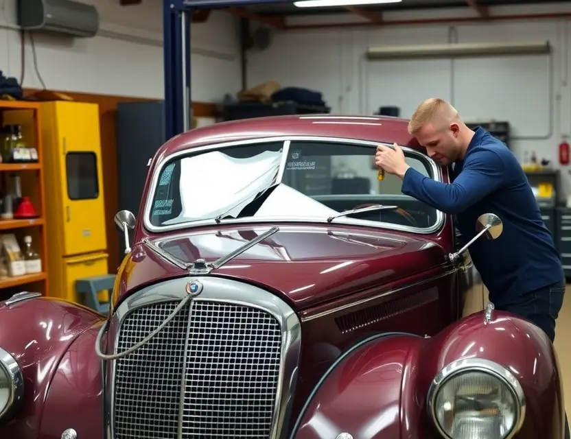 A classic Alvis 4.3 Litre car with a damaged front windshield being carefully replaced by a professional mechanic in a well-lit garage, showing attention to detail and precision tools, no text, no logos, no people's faces visible