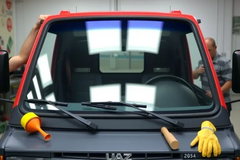 A realistic scene of a UAZ Pickup (2008 model) in a workshop, with a mechanic carefully removing the old windshield and installing a new one. The focus is on the vehicle's front, showing the open frame where the glass fits, surrounded by typical automotive tools like a suction cup, rubber mallet, and protective gloves. The lighting highlights the glossy new windshield, and the background is a clean, organized garage without any signage or text.