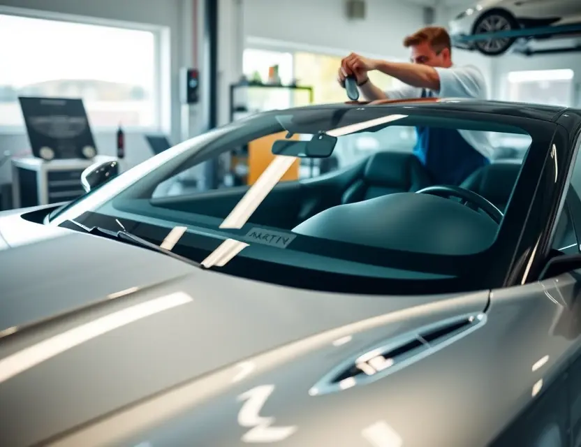 A high-quality close-up shot of a sleek Aston Martin V12 Zagato with its windshield being professionally replaced, showing a technician carefully installing a new glass panel, set in a clean, well-lit automotive workshop with soft natural lighting highlighting the car's metallic paint and elegant curves