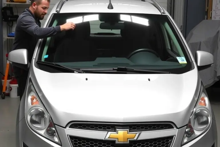 A mechanic in a garage replacing the windshield of a 2009-2015 Chevrolet Spark 1.2L 82hp. The image shows the front of the car with the old windshield removed, a new clear glass panel being fitted, tools like a suction cup, a wedge, a cleaning solution, and a protective cover. The scene is well-lit, with a focus on the car's front and the replacement process, no text or logos visible.