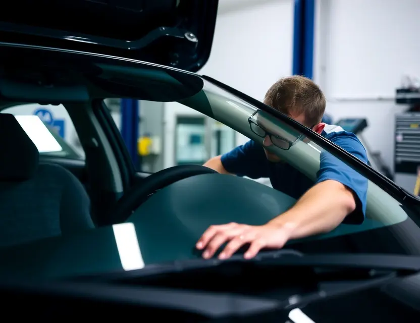 A car windshield replacement service being performed. Focus on a mechanic working on a car windshield, tools visible, and a clean, well-lit garage environment.