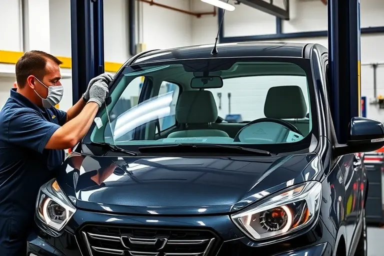A detailed workshop scene showing a mechanic replacing the windshield of a Chery Tiggo 8 Pro 2.0 Turbo. The car is partially lifted on a hydraulic lift, the old windshield is removed, and a new clear glass panel is being fitted. The mechanic wears protective gloves and a face mask, using a suction device to hold the glass. The background shows a clean automotive repair bay with tools and a Chery Tiggo 8 Pro 2.0 Turbo in the foreground. No text or logos appear in the image.