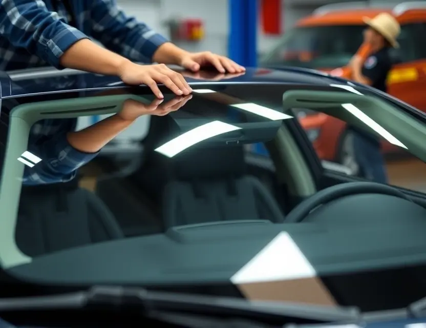 A close-up shot of a car windshield being replaced with a new ChangFeng Liebao Hei windshield. The focus is on the replacement process, showing the technician working on the windshield. The car is a modern sedan, and the background is a workshop or garage setting.
