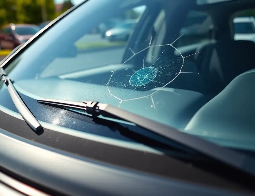 A close-up shot of a Chrysler Pacifica with a cracked windshield, showing the area where the windshield needs replacement. The vehicle is parked outdoors on a sunny day. Focus on the damaged windshield area.