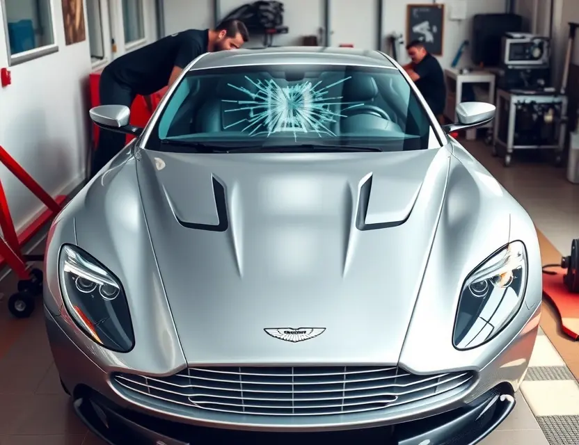 A high-quality image of an Aston Martin V12 Zagato sports car with a cracked front windshield being replaced by a new glass pane, showing the car in a professional auto glass repair shop setting with tools and technicians, realistic lighting, detailed car design, no text or numbers on the image