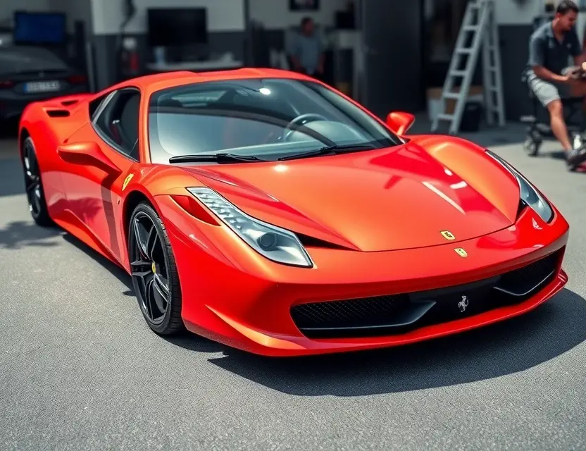 A high-quality image depicting a Ferrari 458 Italia with a replaced windshield. The car is parked on a clean, bright asphalt surface. The replaced windshield is seamlessly integrated with the original, showing no visible seams or imperfections. The background is a blurred, upscale automotive service garage environment with hints of tools and equipment. Focus on the sleek lines of the car and the precision of the windshield replacement.