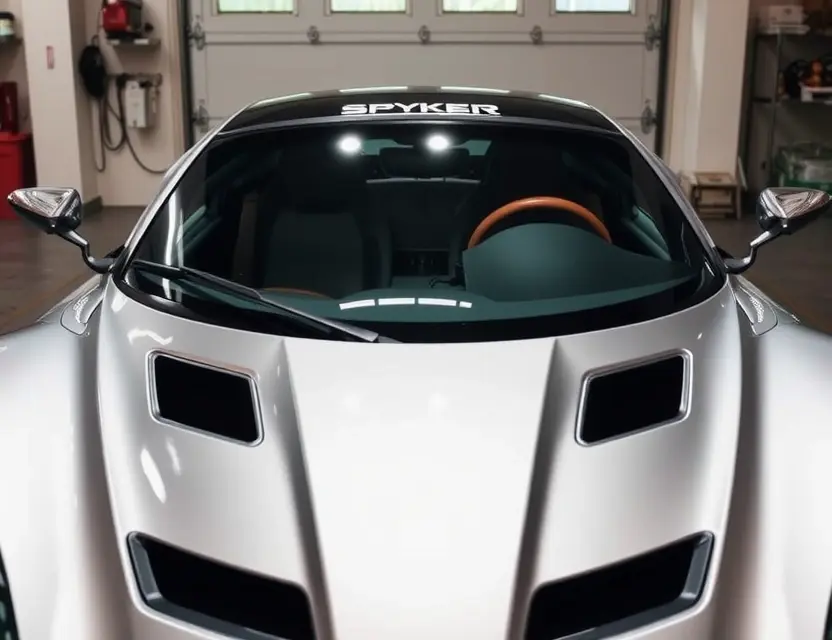 A Spyker C8 Aileron with a newly replaced windshield, viewed from the front at a slight angle, showing the sleek curves of the car and the clear, undistorted glass, in a well-lit garage setting with no people or text visible