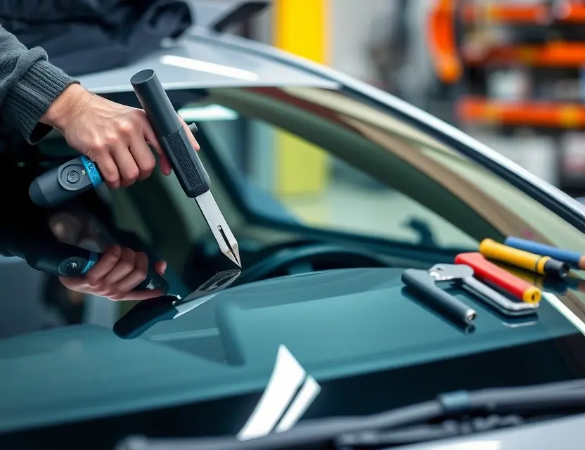 A close-up shot of a Jaecoo J8 car windshield being replaced by a technician. The focus should be on the replacement process, showing tools and the new windshield. The car should be partially visible in the background.