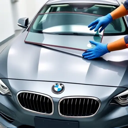 A close-up, front view of a BMW 1er F20 (2011–2019) with its windshield being replaced. The image should show the car’s front profile, the old windshield partially removed, and a mechanic or technician in work gloves holding a new windshield in place, using adhesive and suction cups. The focus is on the replacement process, with clear visibility of the car’s grille, headlights, and the new glass fitting snugly into the frame. The setting is a clean, well-lit workshop or garage, with minimal background distractions, emphasizing the precision of the replacement.