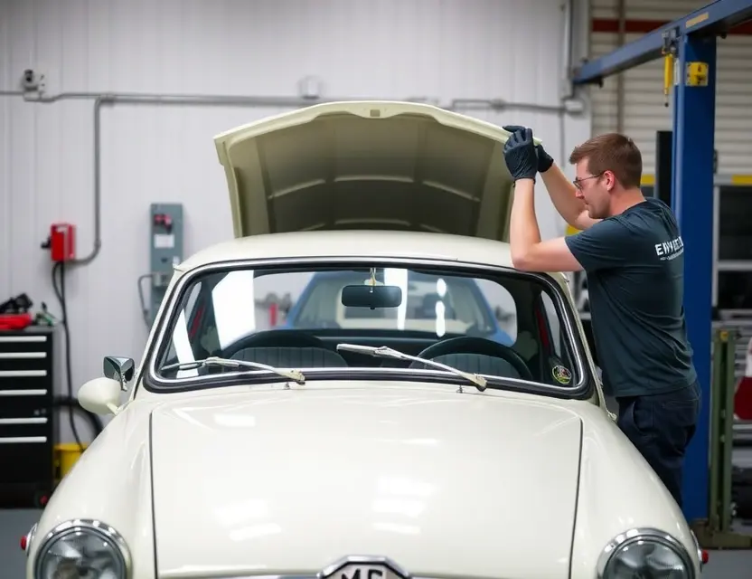 Замена лобового стекла MG HS A professional auto repair scene showing the replacement of a windshield on an MG HS car. The image should depict a well-lit garage with a mechanic carefully removing the old windshield and preparing to install a new one. The car should be positioned in the center, with tools and equipment neatly arranged around it. The mechanic should be wearing appropriate safety gear, such as gloves and goggles.