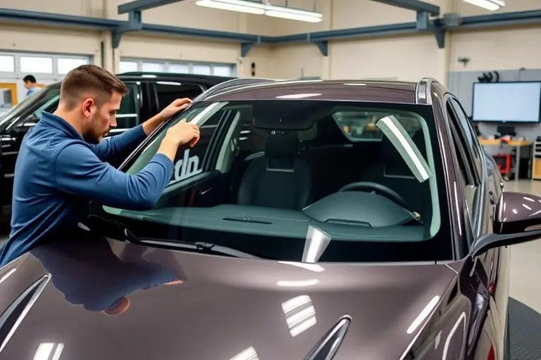 A professional mechanic carefully removing and installing a new windshield on a sleek, modern electric Aion Y Plus SUV (2024 model) in a clean garage workshop, with tools and safety equipment visible, focusing on the glass and car body, realistic lighting and detail, no text or logos