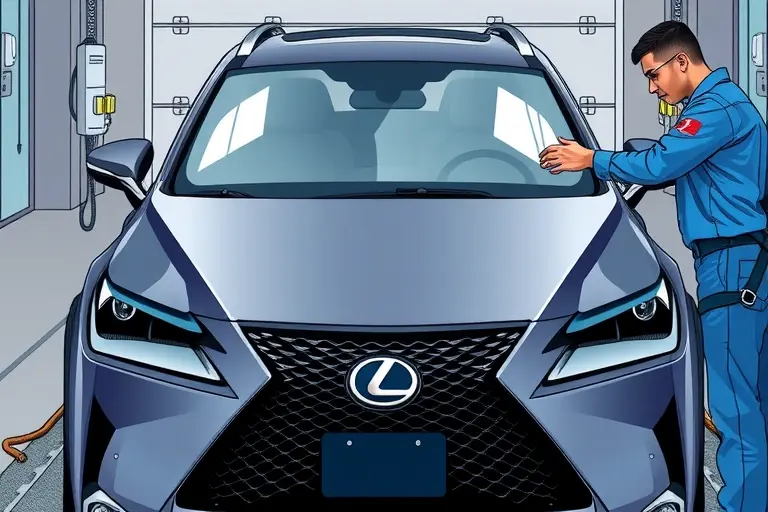 A detailed illustration of a mechanic replacing the windshield on a 2021 Lexus NX 2.4 Turbo. The scene shows the car in a service bay, the old windshield removed, a new clear windshield being fitted, with tools and a safety harness. The focus is on the car's front, the windshield area, and the technician's hands. No text or lettering in the image.