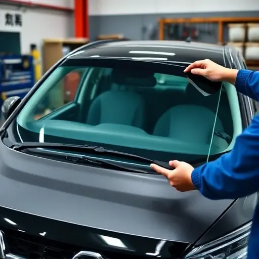 A close-up of a Baojun 630 car’s front windshield being replaced in a workshop, showing a mechanic’s hands holding a new glass panel, the car’s hood open, tools and a workbench in the background, realistic detail, no text or lettering
