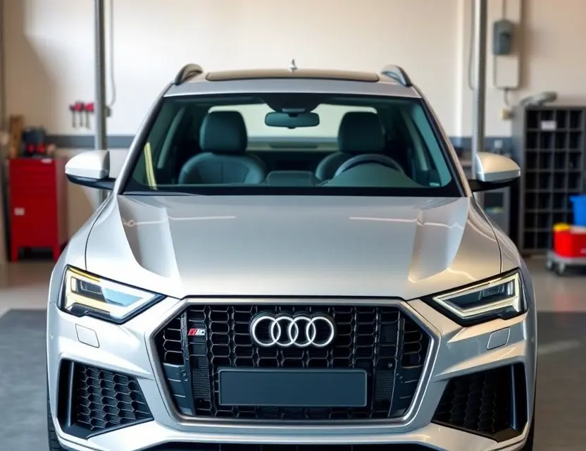 Замена лобового стекла Audi RS Q3 A high-quality, realistic photograph of a silver Audi RS Q3 with its front windshield removed, exposing the A-pillars and the interior dashboard area, set against a clean, neutral auto repair shop background with soft lighting, showing the vehicle in a professional automotive service context without any people or tools visible