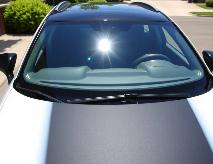 A Polestar car with a replaced windshield, showcasing the new glass. The car is parked outdoors on a sunny day. Focus on the clarity and quality of the replacement windshield.