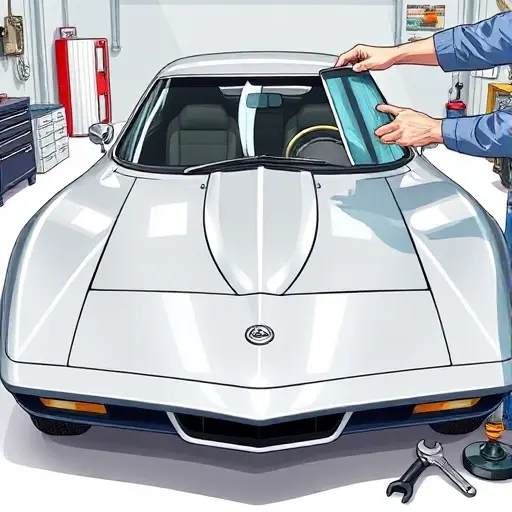 A detailed illustration of a Bricklin SV car with a 5.7L V8 engine, focusing on the front view where the windshield is being replaced. Show the car's sleek body, the old windshield partially removed, and a mechanic's hands holding a new windshield in place, with tools like a suction cup and a wrench nearby. Emphasize realistic lighting, reflections on the glass, and a clean workshop environment.