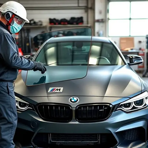 A detailed workshop scene showing a mechanic in protective gear carefully removing the old windshield from a BMW M2 G42 3.0L 480hp (2024 model) and installing a new one. The car's front is visible, with the windshield area exposed, tools and a replacement glass panel in hand. The background shows a clean, organized garage environment with automotive parts and a workbench. The focus is on the precision of the replacement process, highlighting the car's sleek front design and the technician's careful handling of the glass.