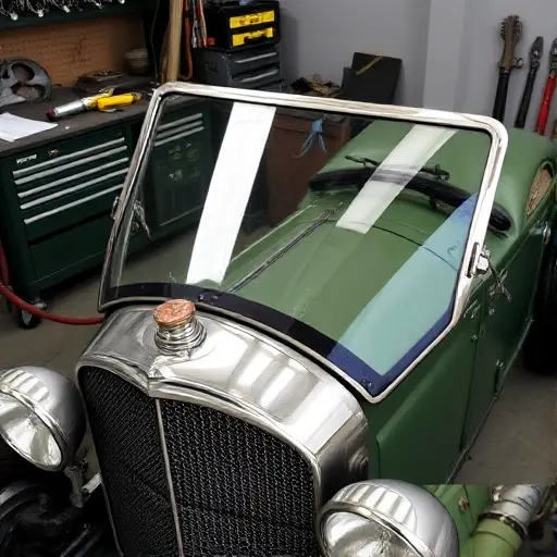 A classic Bentley 4½ Litre 4.4 L R4 110 hp (1927–) with its windshield being replaced. The image shows the car’s front end in a workshop setting: the old glass is removed, a new curved glass panel is being fitted into the frame. Tools such as a glass cutter, suction cups, and a hand-held vacuum are visible. The background includes a workbench with automotive parts, a vintage tool kit, and a subtle hint of a garage wall. The focus is on the detailed mechanics of the replacement process, highlighting the precision and care required for a historic vehicle.