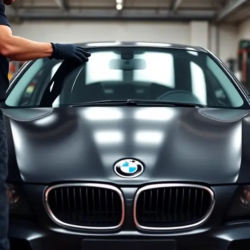 A realistic close-up of a mechanic installing a new windshield on a BMW 1er E81 (2004-2011) in a workshop. The car’s front is exposed, the windshield is being fitted with precision, tools and gloves are visible, and the setting shows a clean, well-lit garage environment.