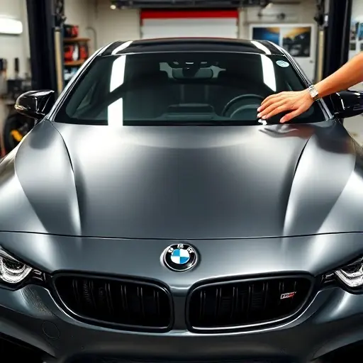 A close-up of a BMW 3 Series G20 M3 windshield being replaced, showing the car's front, the new glass panel, a mechanic's hands holding tools, the old glass removed, all in a workshop setting with proper lighting, no text or signage visible