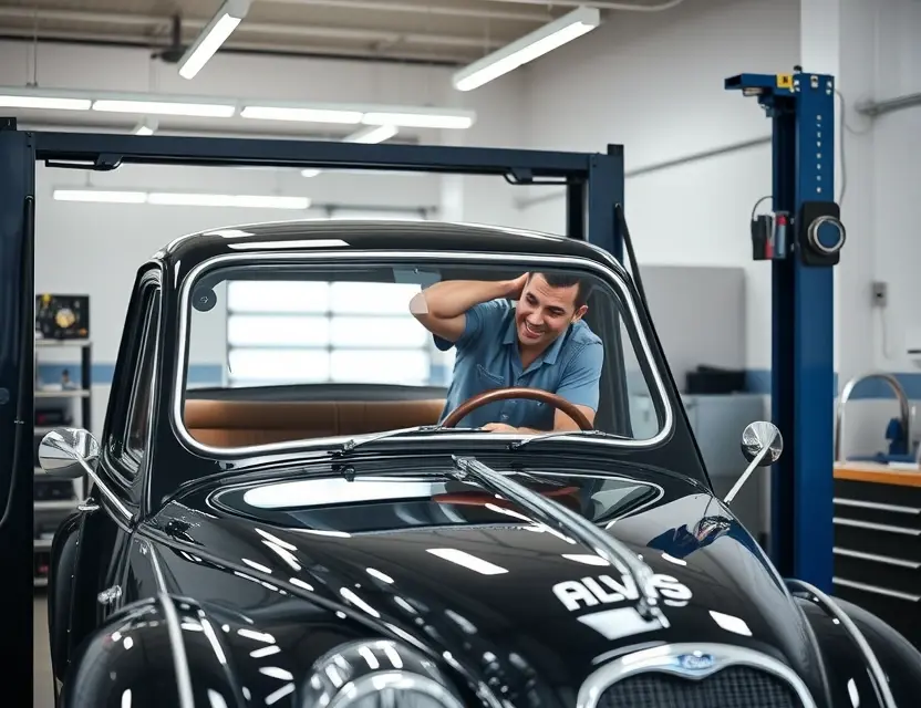 Предлагаем услугу по замене лобового стекла Alvis A professional automotive service center showing a technician carefully replacing the windshield of an Alvis car, with modern tools and equipment, clean and well-lit environment, no people other than the technician, no text or logos