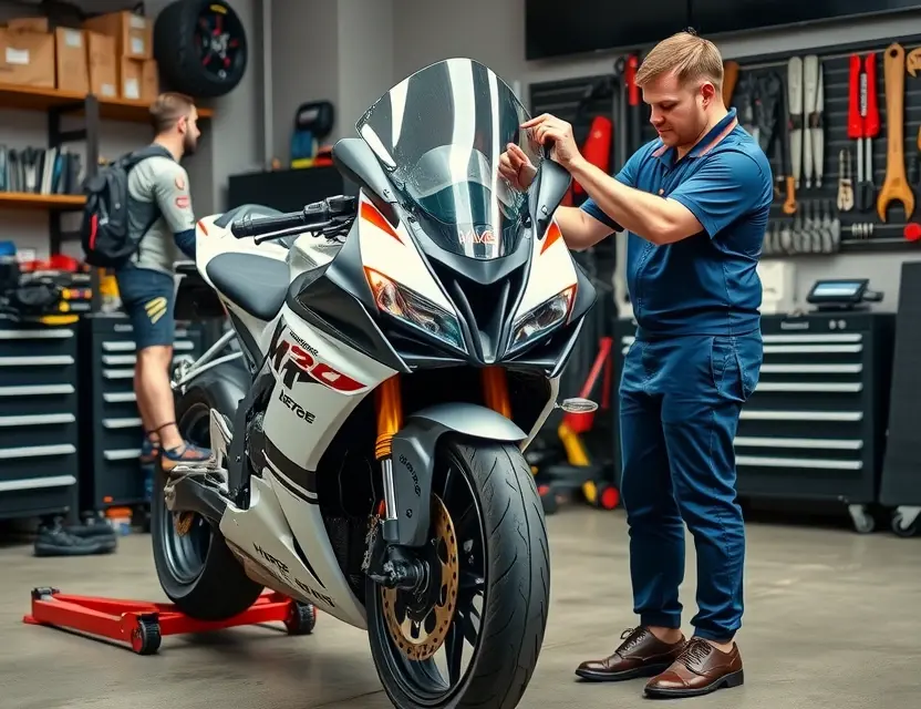 Замена лобового стекла M Hero 917 A detailed image of a professional mechanic replacing the windshield of a M Hero 917 motorcycle. The scene should include the motorcycle with its front wheel elevated, the mechanic carefully removing the old windshield and preparing to install the new one. The setting should be a well-organized workshop with various tools and equipment neatly arranged in the background.