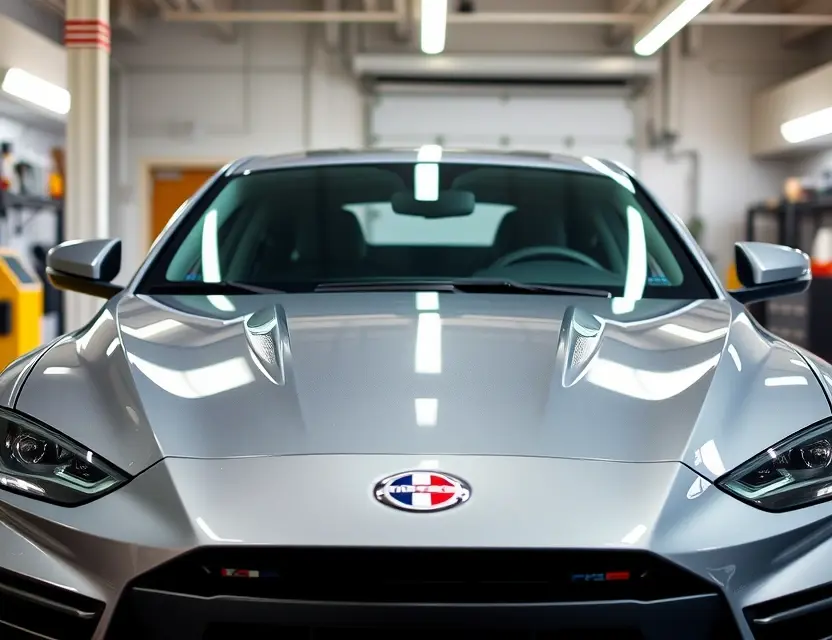 Замена лобового стекла VinFast VF6 A VinFast VF6 car with a newly replaced front windshield, shown in a clean, well-lit garage setting, no people, no tools, no text, no labels, just the car with a clear, undamaged windshield