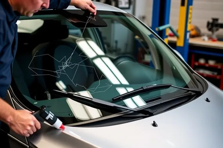 A realistic close-up of a mechanic installing a new windshield on a 2014-2018 Changhe Furuida 1.2L 88hp car. The scene shows the car’s front with the old cracked windshield removed, a new clear windshield being fitted, and tools such as a sealant gun and a protective film. The background is a workshop with a workbench and a car lift, focusing on the precise alignment and sealing process. The image should be detailed and high quality, with no text, letters, digits, or logos.