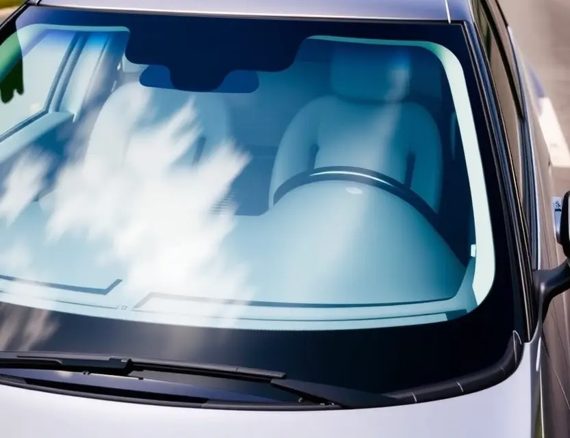A modern car with a replaced windshield, showcasing the new glass. The car is parked on a clean, bright road. Focus on the clarity and quality of the replacement windshield.