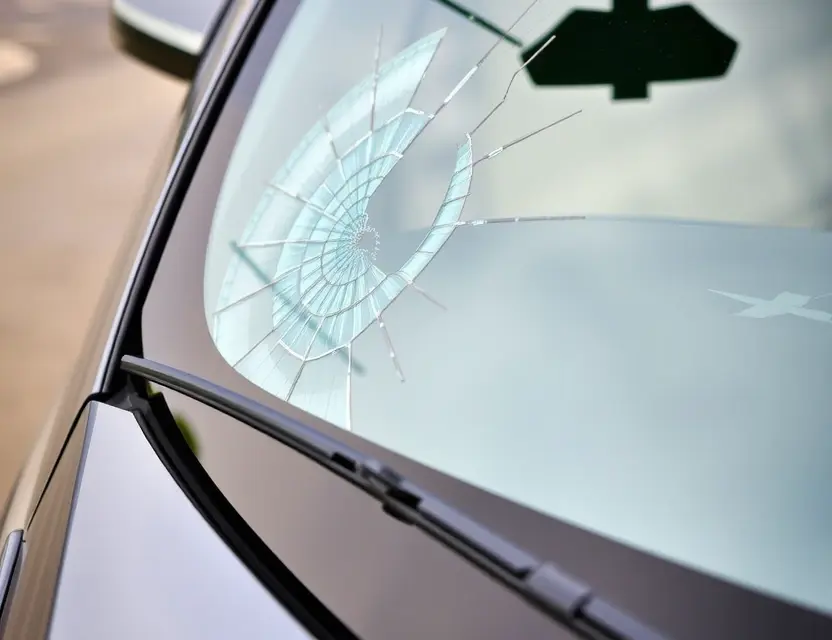 A close-up shot of a Chevrolet Equinox with a cracked windshield, showing the damage clearly. The car is parked on a clean, paved surface. Focus on the damaged area of the windshield.