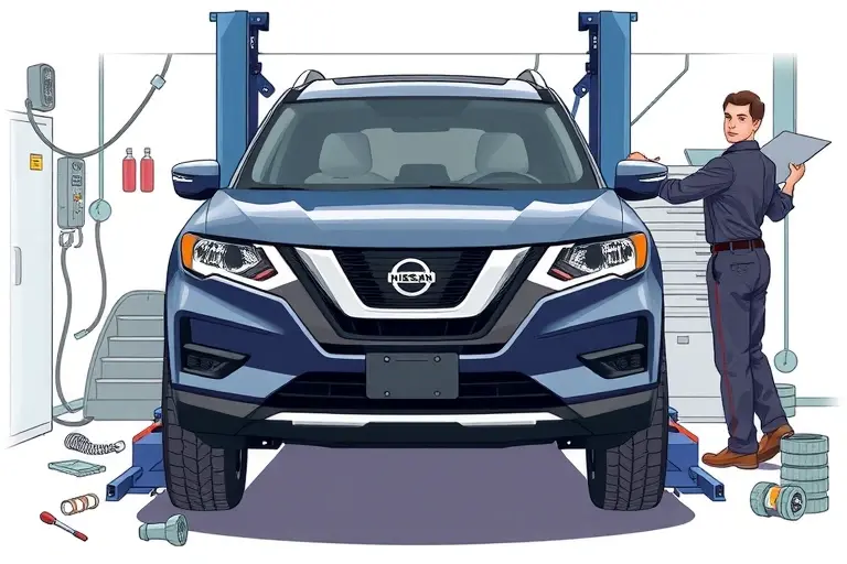A detailed illustration of a Nissan Rogue 2020 with its windshield being replaced by a mechanic in a workshop. The scene shows the car on a lift, the mechanic holding a new windshield, tools and parts scattered around. The focus is on the car's front, the replacement process, and the workshop environment.