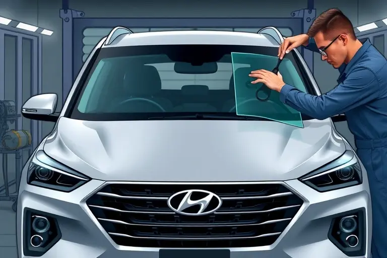 A realistic illustration of a mechanic replacing the windshield on a Hyundai Santa Fe 1.6 Hybrid 230 hp. The scene shows the car in a garage, the old windshield removed, a new clear glass panel being fitted, with tools such as a suction cup, a glass cutter, and a protective cover. The focus is on the car's front, the windshield area, and the mechanic's hands. The background is a workshop with subtle lighting, no text or signage.