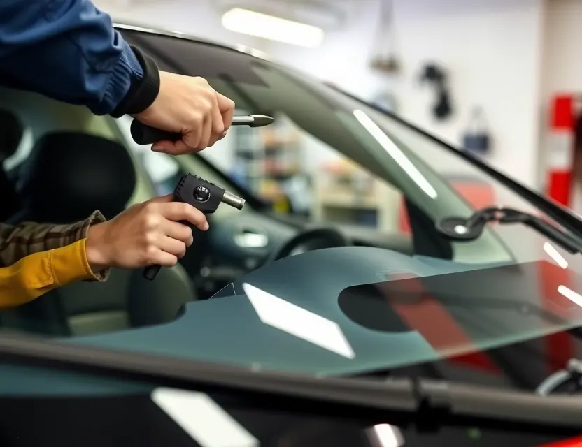 A close-up shot of an XPeng P7i car windshield being replaced by a technician. The focus should be on the replacement process, showing tools and the new windshield. The background should be a clean, well-lit garage or workshop.